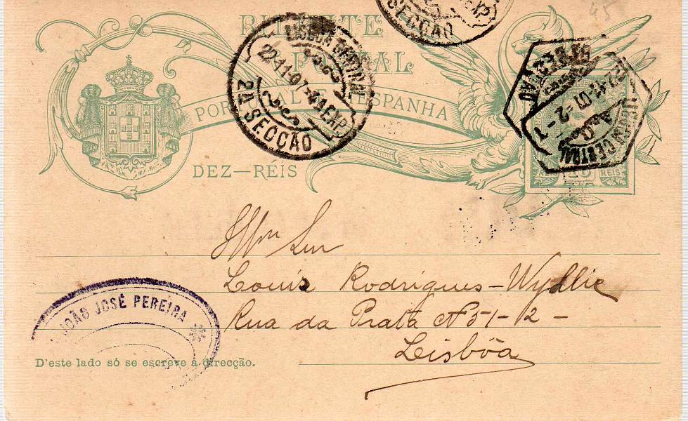 0204 f.jpg -     Lote:    204 (frente)            Portugal       Descrição:         1907 &mdash; D. Carlos I Mouchon. OM42, 10 reis. Circulado em Lisboa (22.10.07). Repicado no verso por: LLOYD NORTE ALLEMÃO. MB.        IC       Valor Base:     &euro; 15,00     Valor Venda:     &euro; 15,00     